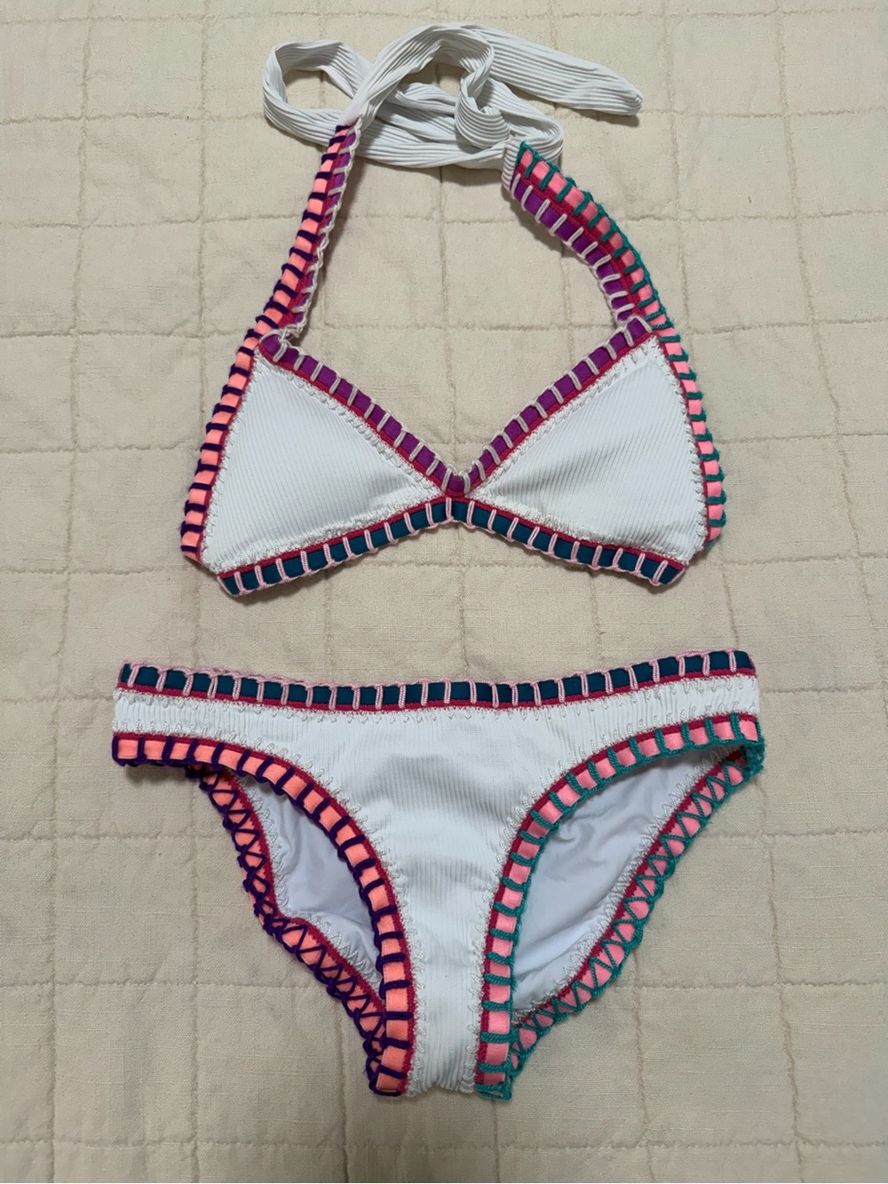 Solange Ferrarini White Ribbed and Crochet-Trim Bikini with Neon Accents
